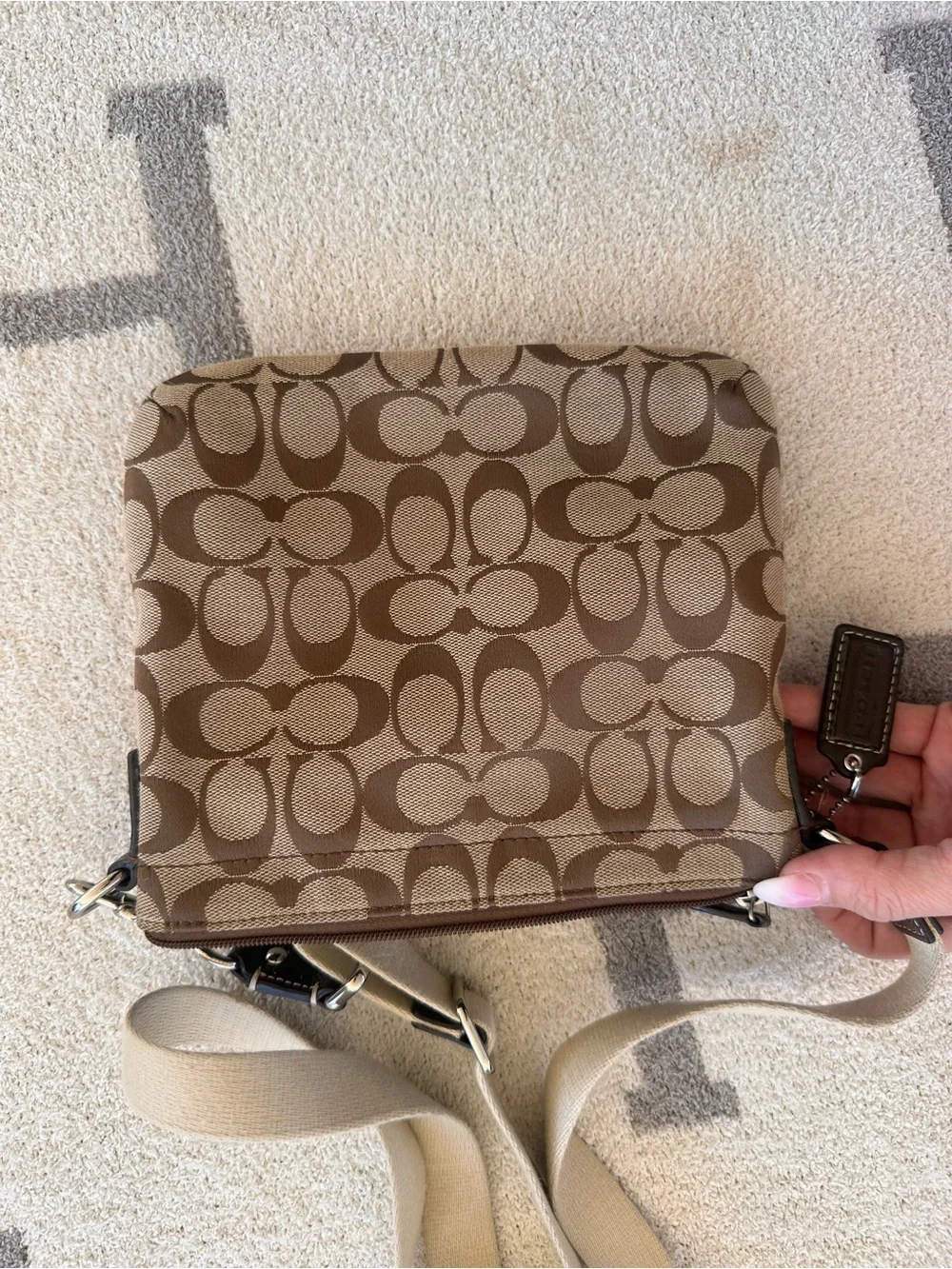 Coach Tan/Chocolate Signature Canvas Crossbody with Turnlock Pocket